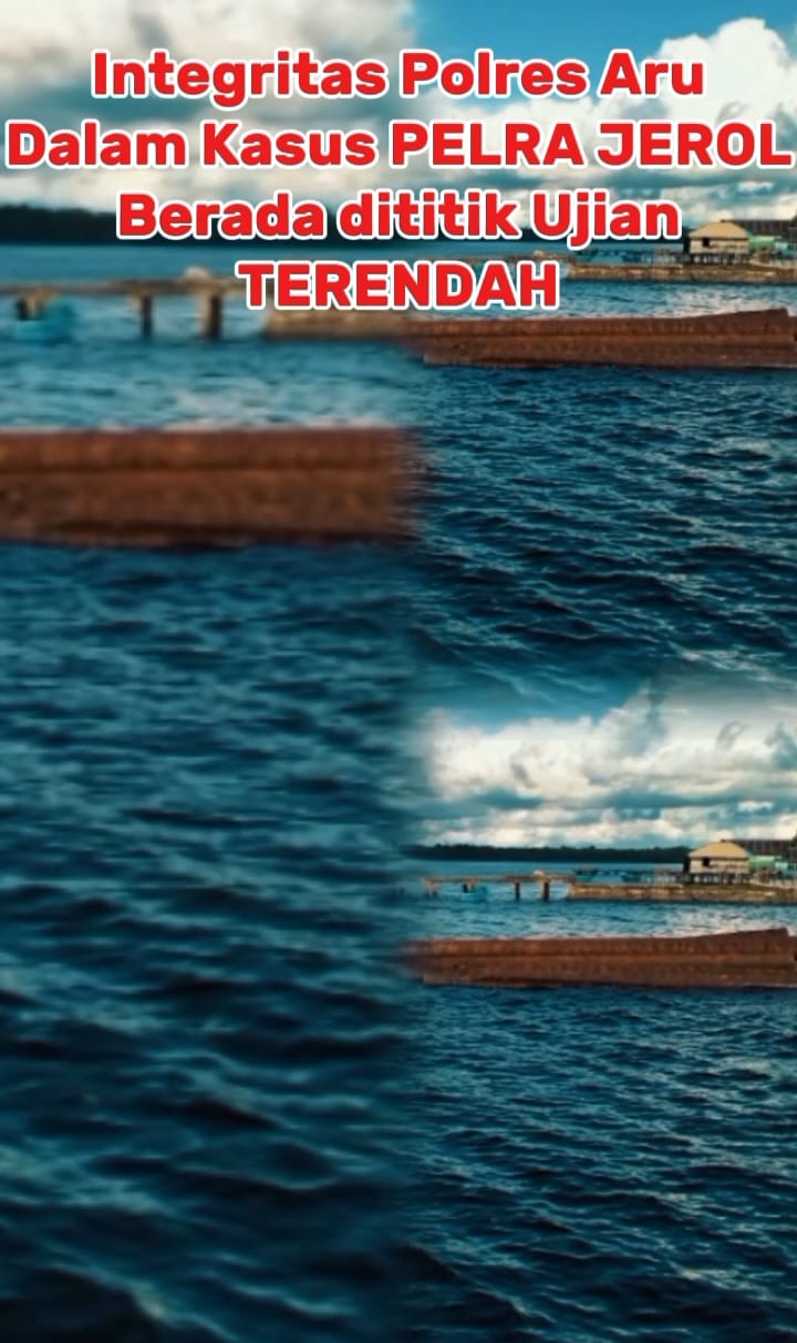 Tulisan merah “Integritas Polres Aru dalam Kasus Pelra Jerol berada di titik ujian terendah” di atas latar laut biru dengan dermaga kayu dan rumah panggung di kejauhan.