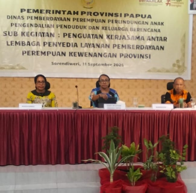Para narasumber duduk di meja panelis di depan spanduk kegiatan DP3AKB Provinsi Papua bertajuk Penguatan Kerjasama Antar Lembaga Penyedia Layanan Pemberdayaan Perempuan.